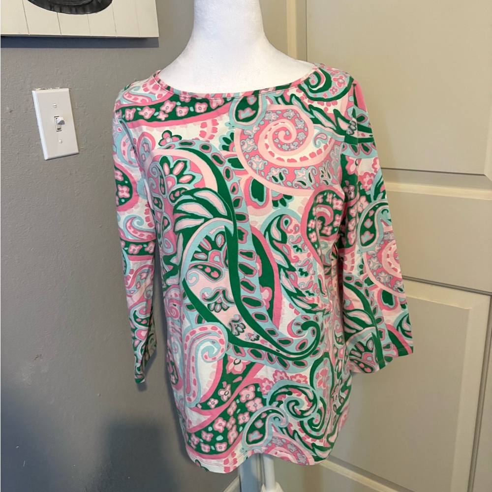 Talbots Green and Pink 3/4 sleeve tee.